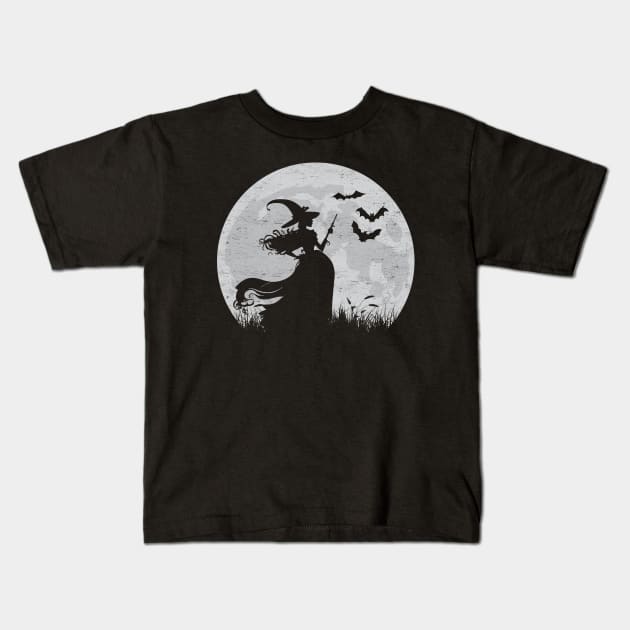 Moonlit Halloween Witchcraft: Witch Silhouette Against A Full Moon Kids T-Shirt by TwistedCharm